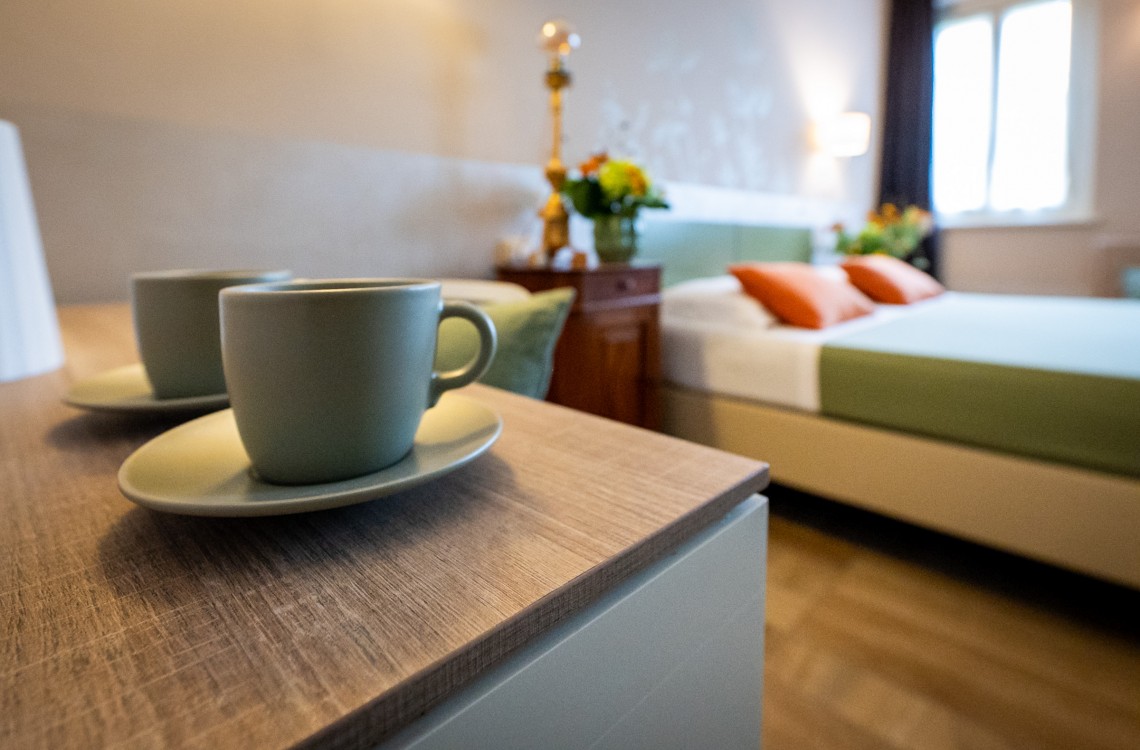 Disposta al piano terra dell'edificio che chiude l'antica corte, camera doppia, anche ad uso singolo, ampia e luminosa è stata pensata per essere il luogo ideale dove trascorrere il vostro soggiorno di vacanza o di lavoro. Di complessivi 30mq circa, è arredata con stile contemporaneo, caldo ed elegante, dispone di scrivania e confort di ultima generazione. Possibilità di due letti singoli o un letto matrimoniale. <br>Gode ​​di una bellissima vista sugli edifici circostanti e sulla campagna. <br>Con letto matrimoniale o due letti singoli, disponibile uso SINGOLA e uso DOPPIA.<br>